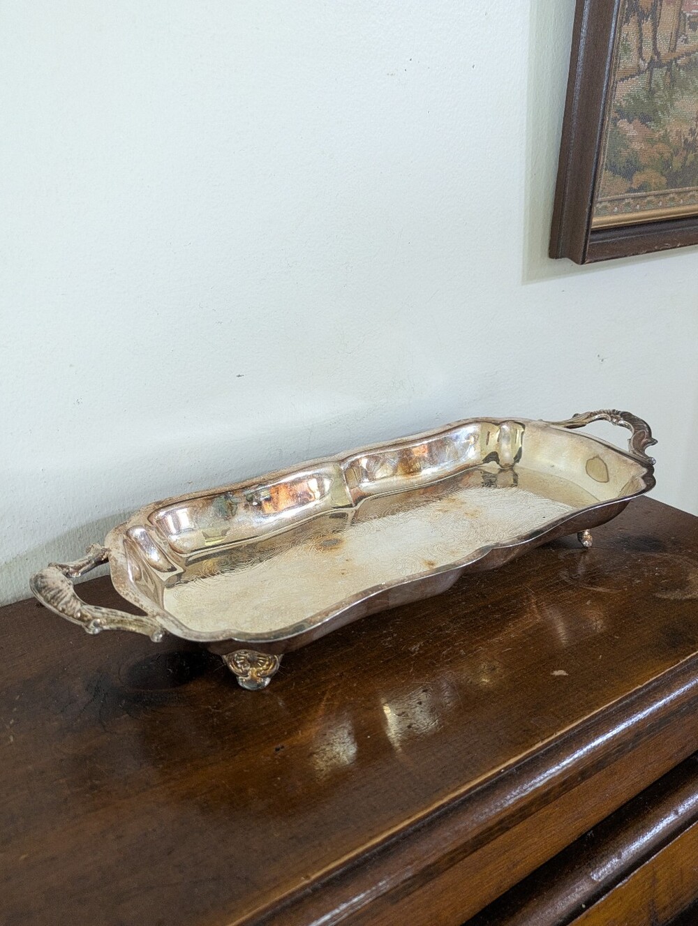 Vintage Leonard Silverplate 14" Long Footed Serving Tray with Handles Scalloped